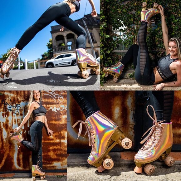 Women Rose Gold Holographic High Top Pu Leather Four Wheels Roller Skates - Picture 3 of 7
